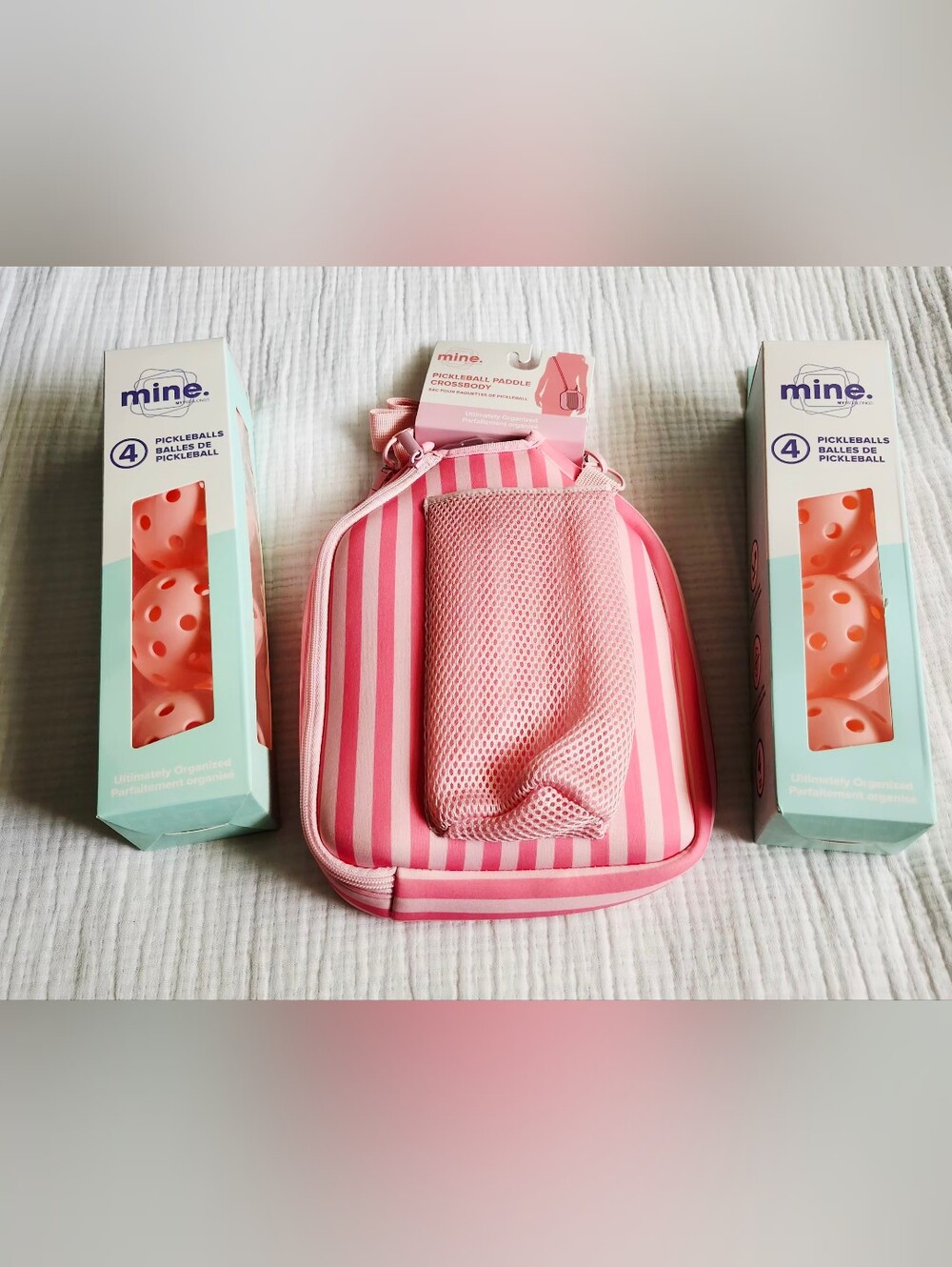 mine Pink Striped Pickleball Paddle Crossbody Bag And Two Packs Of Pickleballs